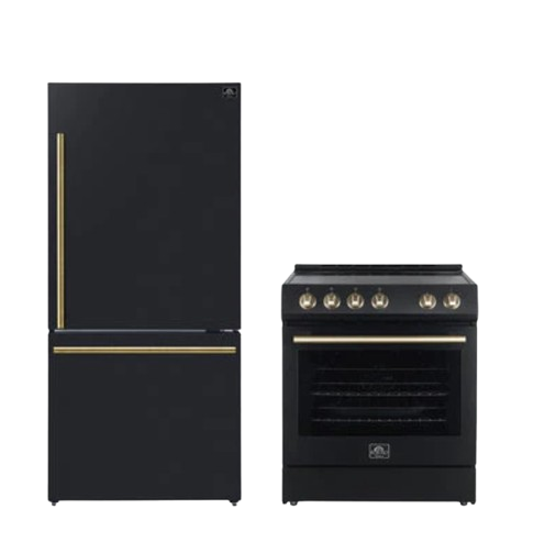 FORNO Premium 2-Piece Kitchen Bundle - Leonardo Espresso 30" Black Range, 31" Black Bottom Freezer Refrigerator - FBDL-003-02US