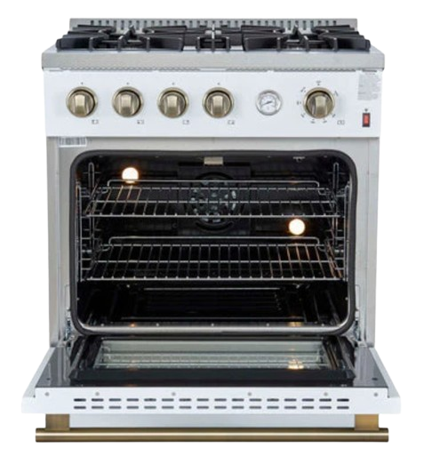 Forno Marco 30-inch Gas Range White & Antique Brass Design, 4 Burners 37,000 BTU, 4.32 cu.ft. Convection Oven