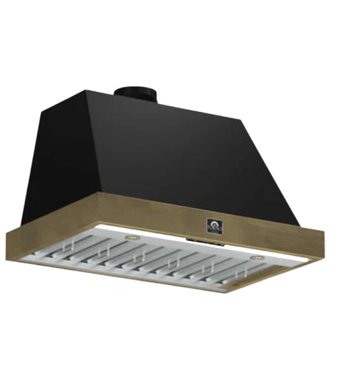 Forno Vittorio 36-Inch Wall Mount Range Hood, Black with Antique Brass Trim, 600 CFM Airflow, Dishwasher-Safe Baffle Filters, Remote Control, 3-Speed Fan, Bright LED Lighting.