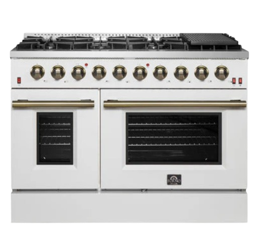 FORNO Galiano 48-inch Gas Range White & Antique Brass Design, 8 Burners, 107,000 BTU, Griddle, 6.58 cu.ft. Double Ovens