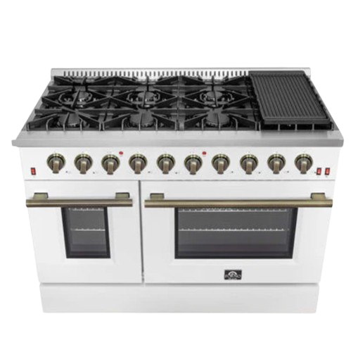 FORNO Galiano 48-inch Gas Range White & Antique Brass Design, 8 Burners, 107,000 BTU, Griddle, 6.58 cu.ft. Double Ovens
